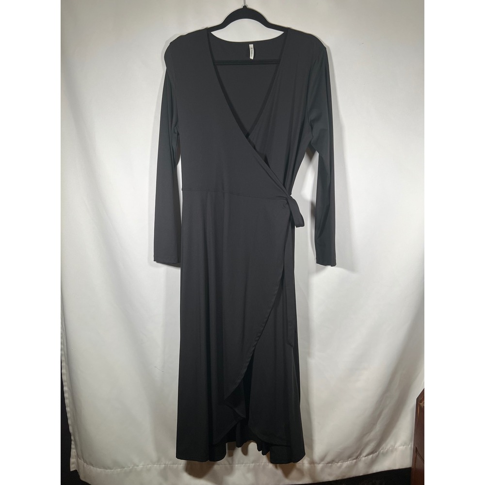 Halara Black Long Sleeve Wrap Midi Dress V-Neck Side Tie XL